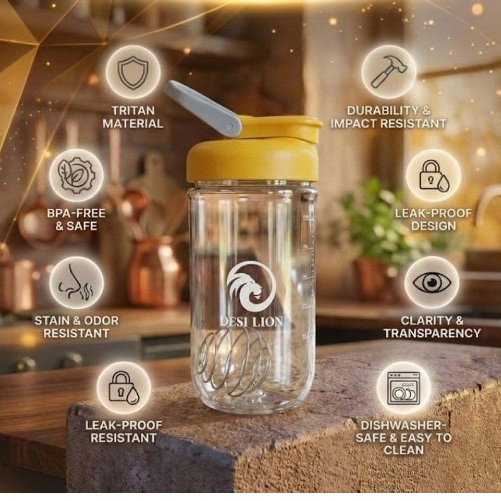 DESI LION Protein Shaker Bottle 750ml – Strong Tritan Build, BPA-Free, Leak-Proof, Easy to Clean with Stainless Mixing Ball