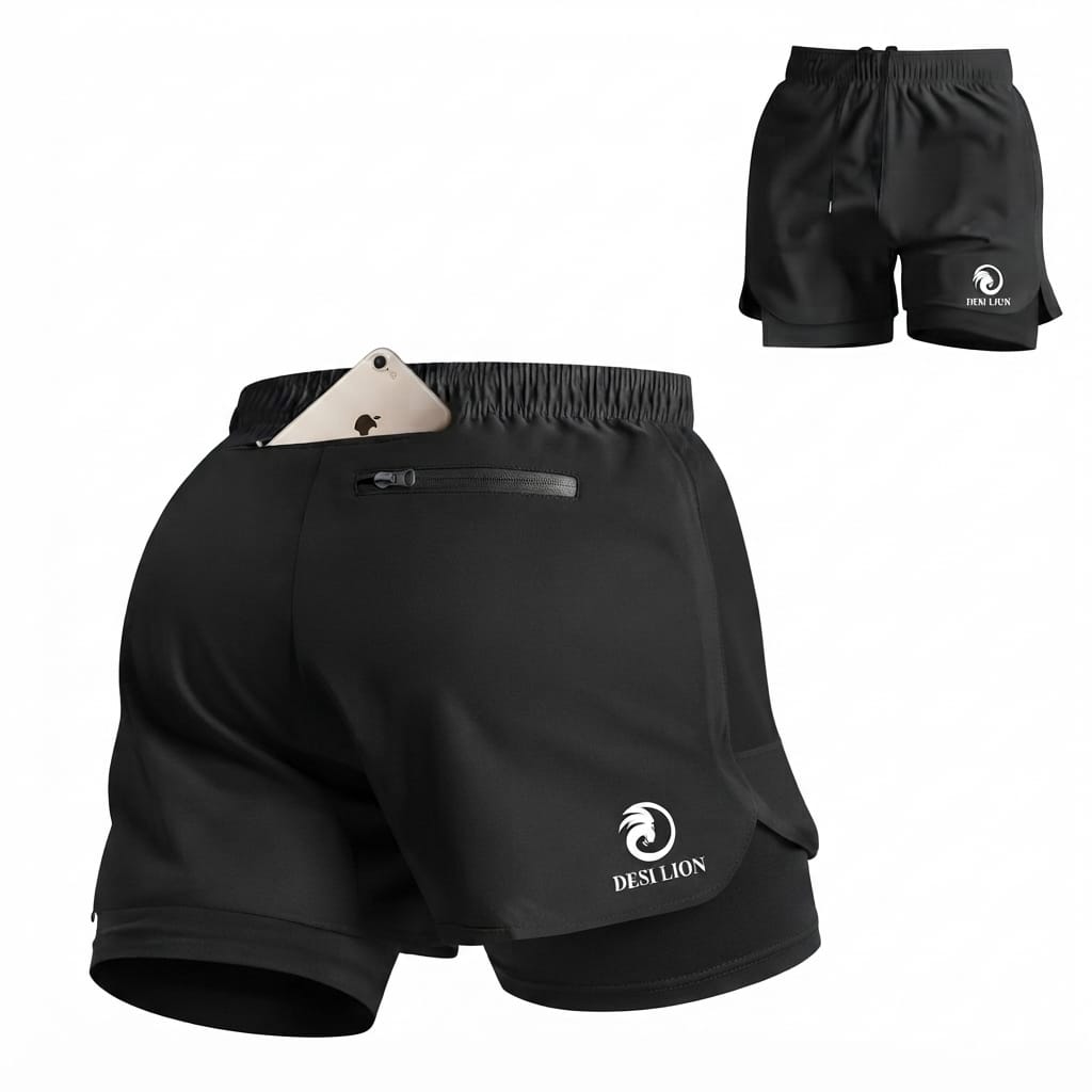 DESI LION Men's 2-in-1 Running Shorts with Compression Liner | Quick Dry Gym & Sports Shorts | Zipper Pocket | Breathable Athletic Workout Shorts (Black) - Image 5