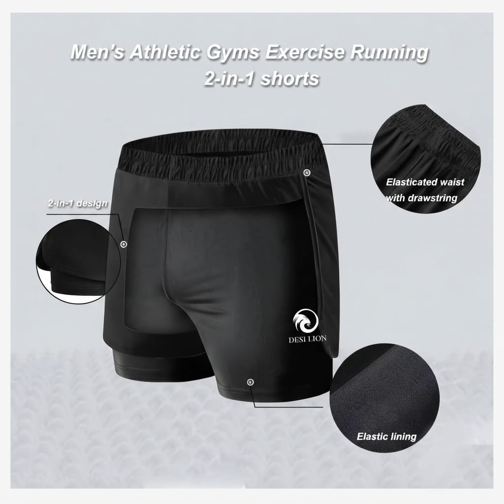 DESI LION Men's 2-in-1 Running Shorts with Compression Liner | Quick Dry Gym & Sports Shorts | Zipper Pocket | Breathable Athletic Workout Shorts (Black) - Image 4