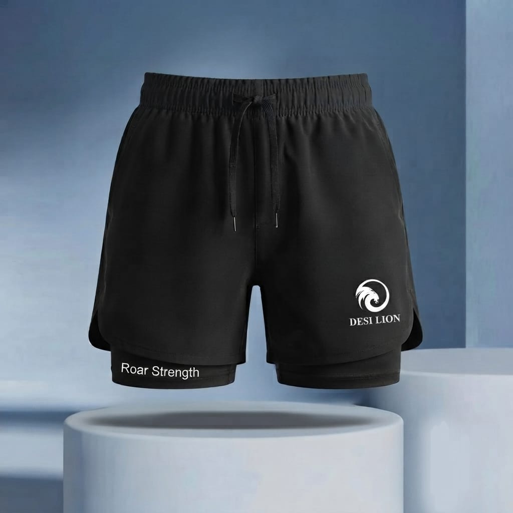DESI LION Men's 2-in-1 Running Shorts with Compression Liner | Quick Dry Gym & Sports Shorts | Zipper Pocket | Breathable Athletic Workout Shorts (Black)
